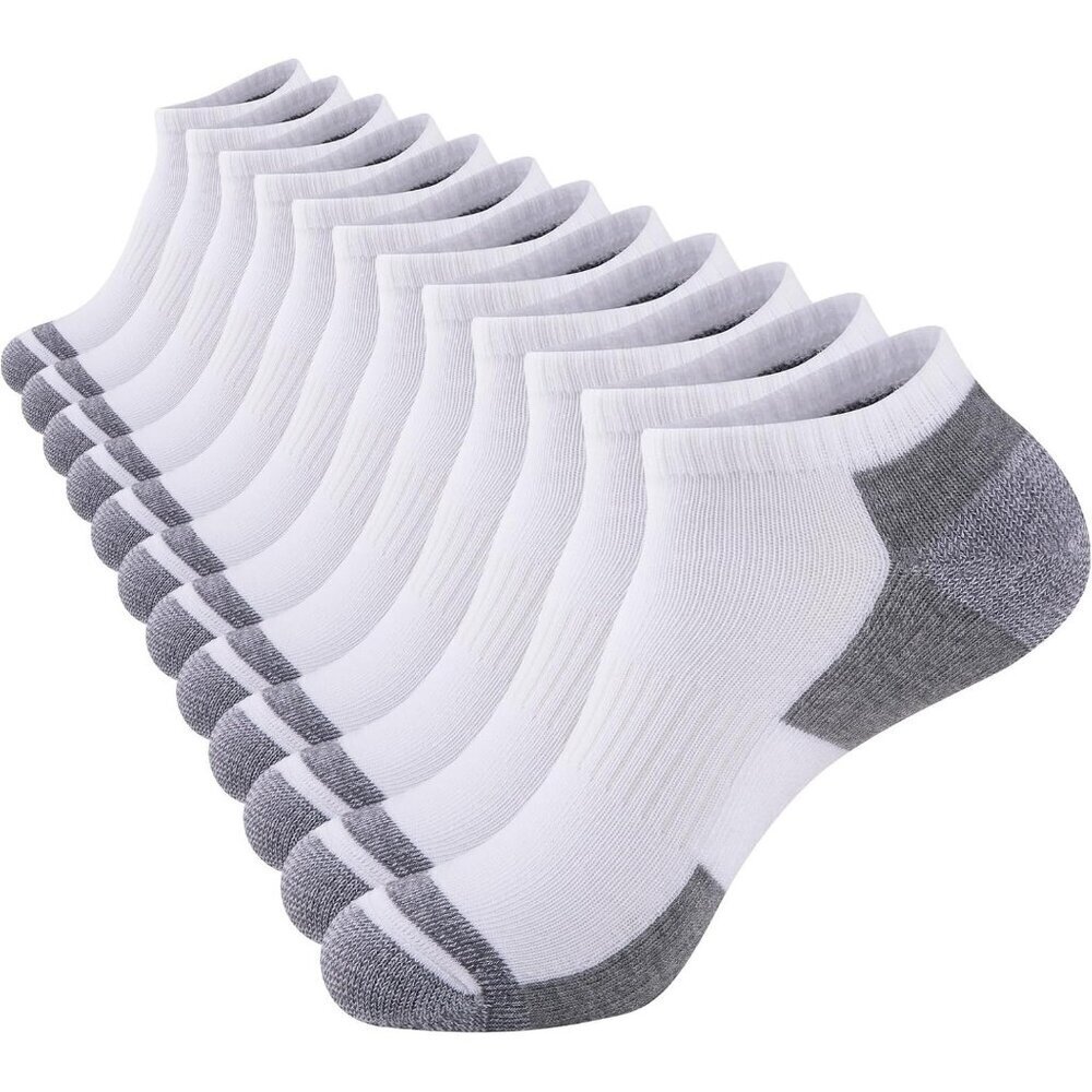 Men's White Cushioned Ankle Socks, Low Cut Breathable Casual Socks 12 Pack